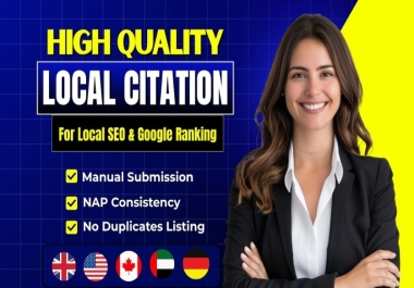 I will do 80 Local citation for USA, UK,  UAE,  Canada, Germany and any countires for local seo