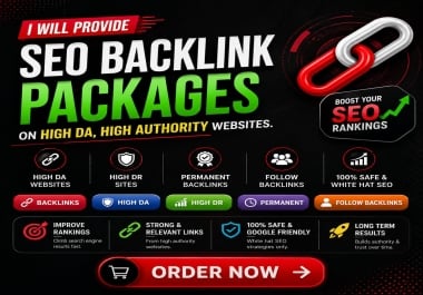 I will provide seo backlinks package with use high DA Authority Websites.