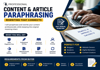 I will do content and article paraphrasing,  rewriting professionally.