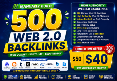 For improved SEO and website authority,  I will manually build 500 high-quality Web 2.0 backlinks.