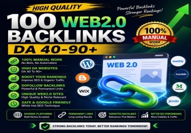 I will build 100 manual Web 2.0 backlinks with DA 40-90+ for SEO