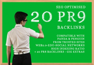 I will create you 20 PR9 backlinks,  DOFOLLOW,  Panda and Penguin safe,  seo optimised for