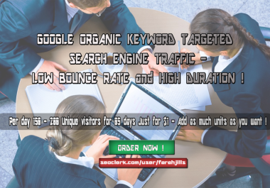 KEYWORD TARGETED Google TRAFFIC with LOW BOUNCE RATE and HIGH DURATION
