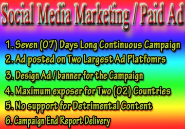 Social Media Marketing / Paid Ad for Seven Days