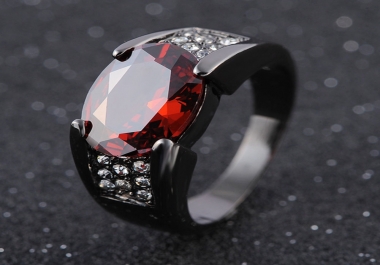 Solitaire Red Garnet Fashion Black 18K Gold Filled Man's Rings